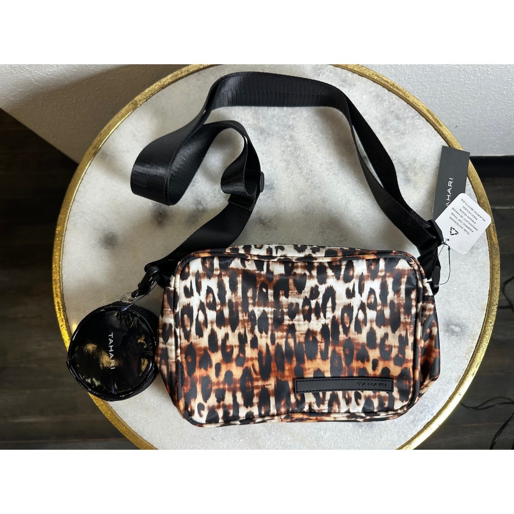Tahari Leopard Print Crossbody Bag with Removable Coin Purse Brown Black New